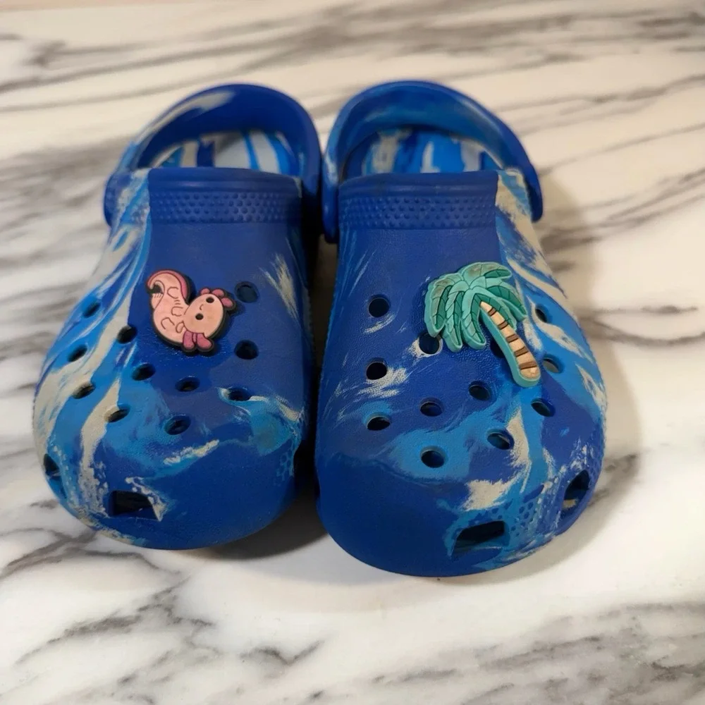 CROCS Kids Sz 13 Classic Marbled Clogs Blue & White Tie Dye Slip On Shoes